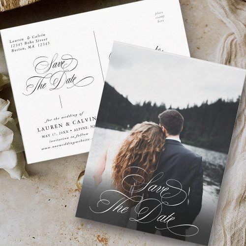 Romantic White Calligraphy Photo Save the Date  Postcard