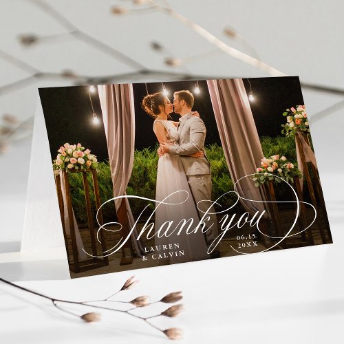 Romantic White Calligraphy Wedding Photo Folded Thank You Card