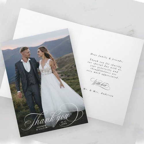 Romantic White Calligraphy Wedding Photo Folded Thank You Card