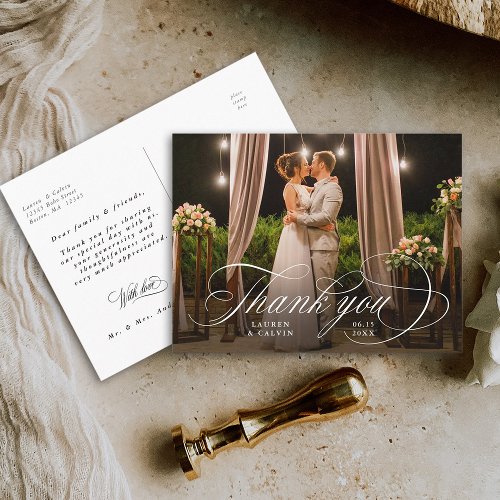 Romantic White Calligraphy Wedding Photo Postcard