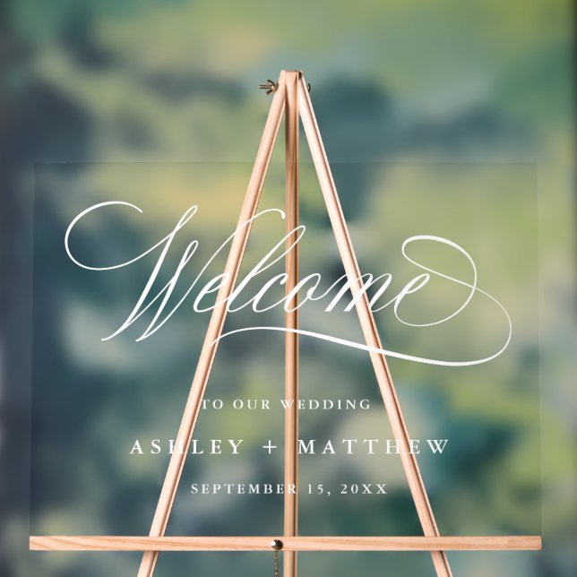 Romantic White Calligraphy Wedding Welcome Acrylic Sign (Neutral)