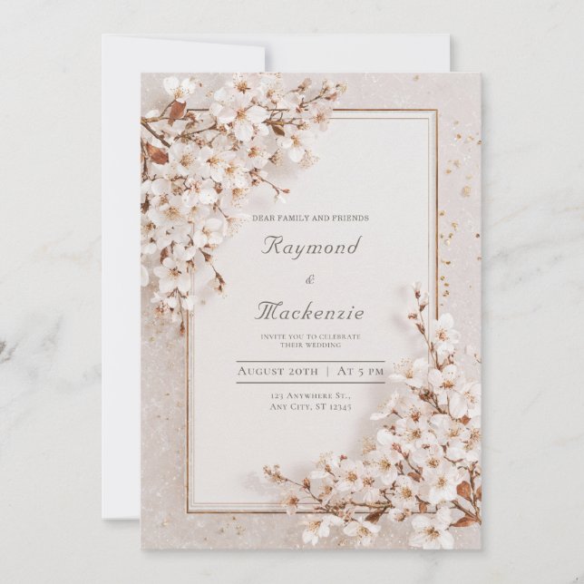Romantic White Cherry Blossom Gold Frame Wedding Invitation (Front)