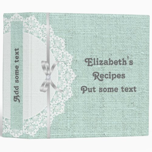 Romantic white doily with lace and burlap recipe 3 ring binder