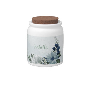 romantic white dusty &navy blue floral candy jar