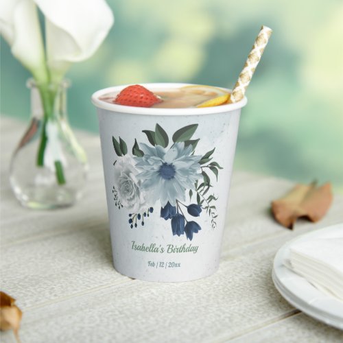romantic white dusty navy blue floral greenery paper cups