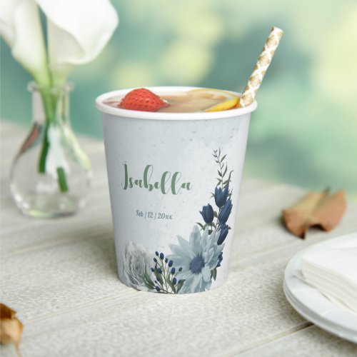 romantic white dusty navy blue floral greenery  paper cups