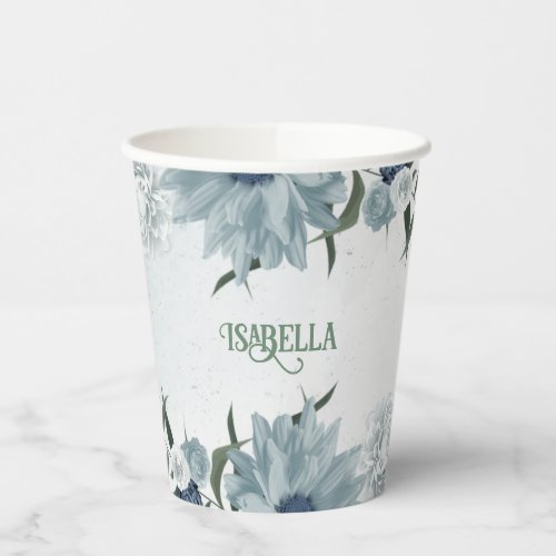 romantic white dusty navy blue floral greenery paper cups