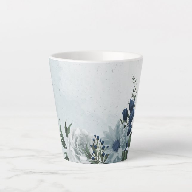 romantic white dusty &navy blue floral latte mug (Front)
