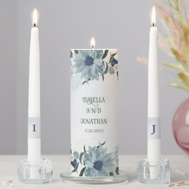 romantic white dusty &navy blue floral wedding unity candle set (In Situ)