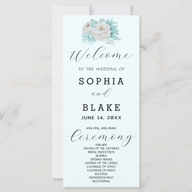 Romantic White Floral Light Blue Wedding Program (Front)