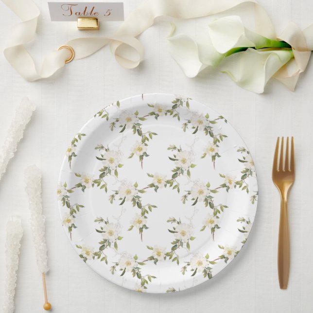 Romantic White Floral Wedding Paper Plates (Wedding)