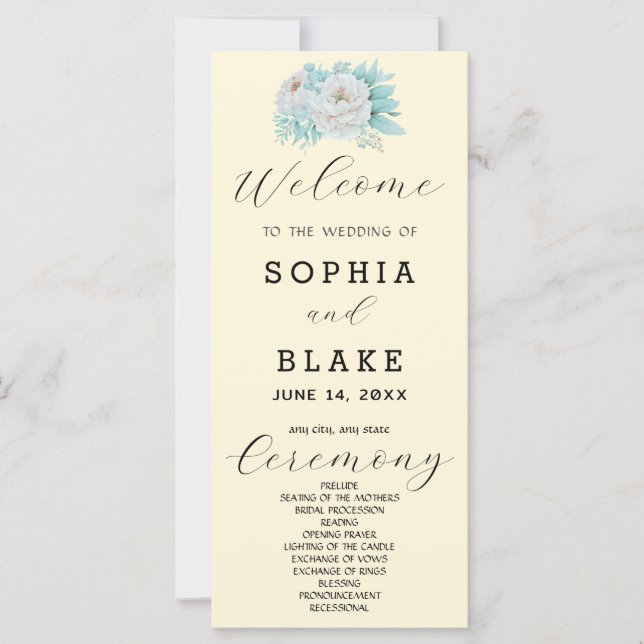 Romantic White Floral Yellow Wedding Program (Front)