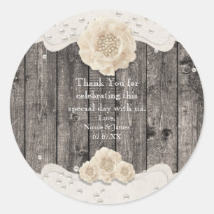 Romantic White Flower & Pearls Rustic Wood Classic Round Sticker