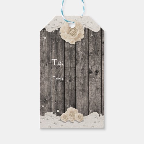 Romantic White Flower  Pearls Rustic Wood Gift Tags