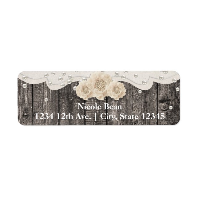 Romantic White Flower & Pearls Rustic Wood Label (Front)