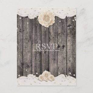 Romantic White Flower & Pearls Rustic Wood RSVP Invitation Postcard