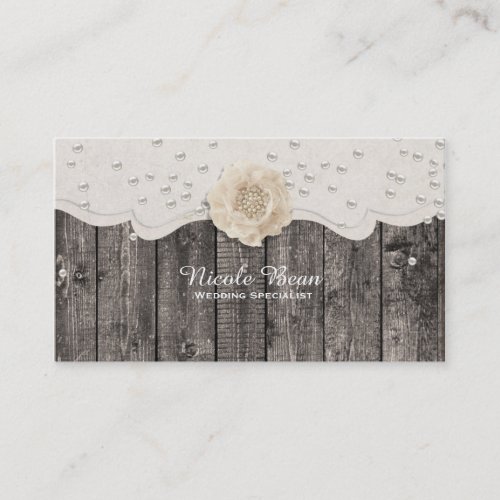 Romantic White Flower  Pearls Rustic Wood Wedding Business Card