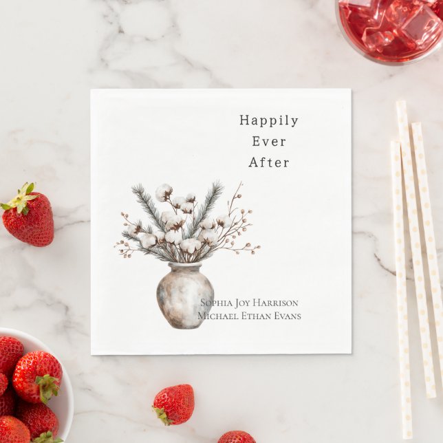 Romantic White Flowering Tree in Vase Wedding Napkins (Insitu)