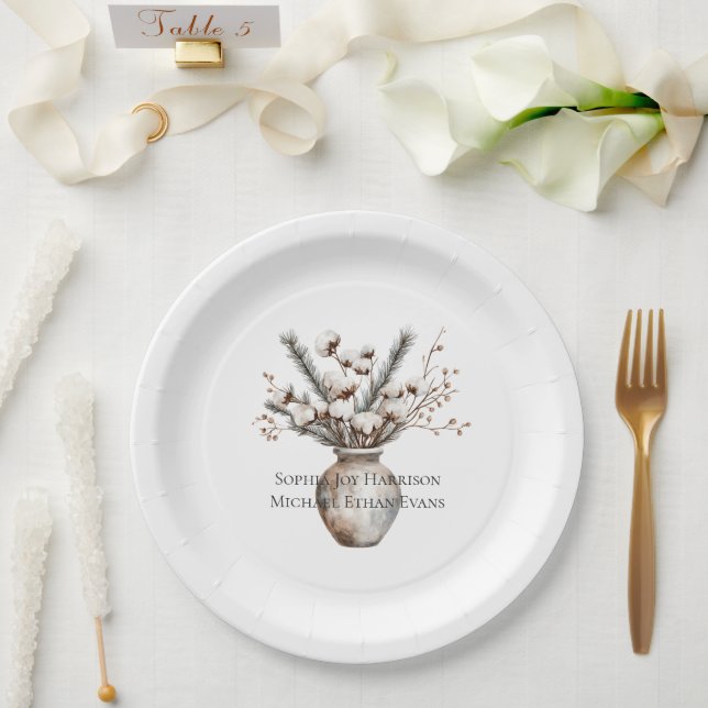 Romantic White Flowering Tree in Vase Wedding Paper Plates (Wedding)