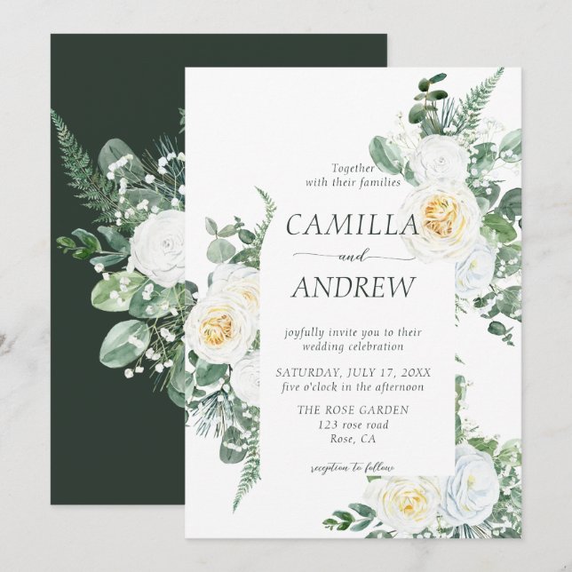 Romantic White Flowers and Greenery Wedding Invitation (Front/Back)