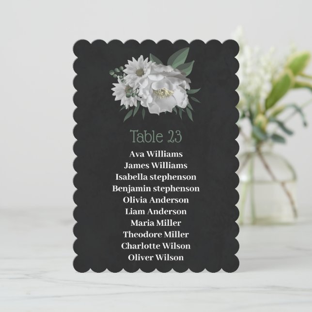 romantic white flowers black seating chart card (Standing Front)