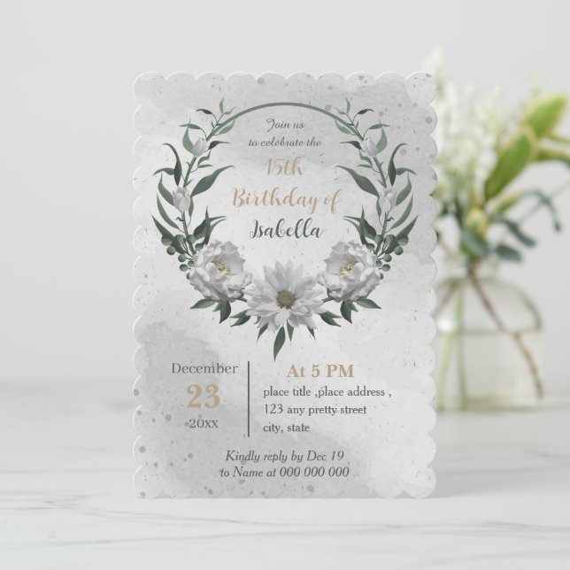 romantic white flowers botanical birthday invitation (Standing Front)