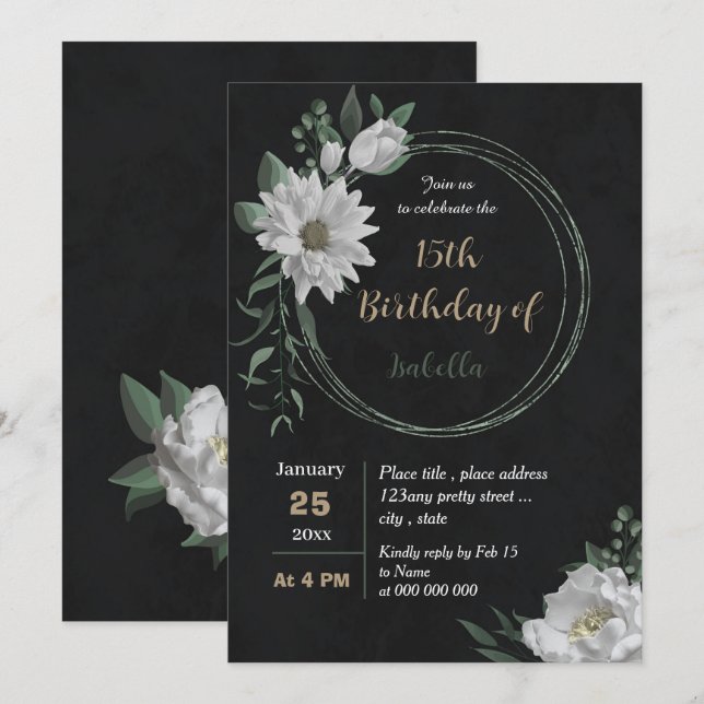 romantic white flowers botanical black birthday invitation (Front/Back)