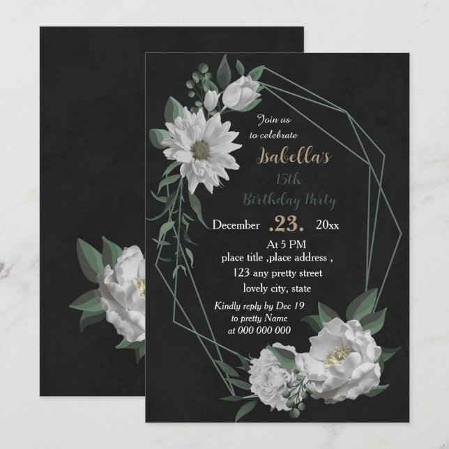 romantic white flowers botanical black birthday invitation (Front/Back)