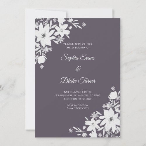 Romantic White Flowers Floral Smoke Gray Wedding Invitation