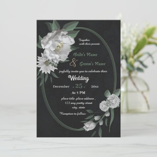 romantic white flowers geometric black wedding  invitation