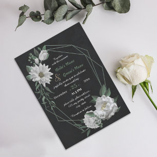 romantic white flowers geometric black wedding invitation