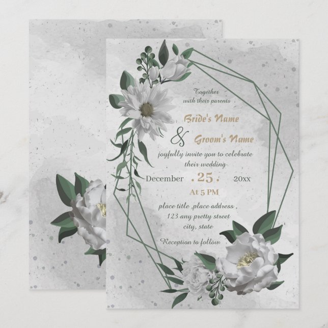romantic white flowers geometric wedding  invitation (Front/Back)