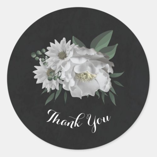 romantic white flowers  green leaves black classic round sticker