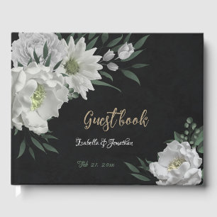 romantic white flowers & green leaves black guest book