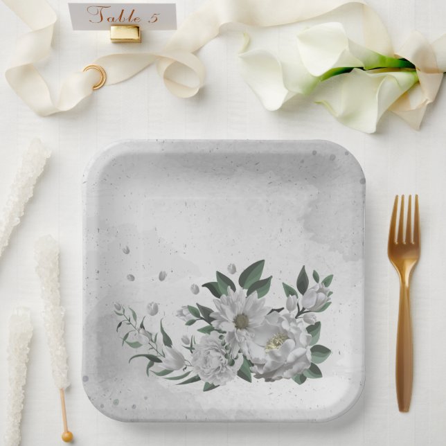romantic white flowers & green leaves  paper plates (Wedding)