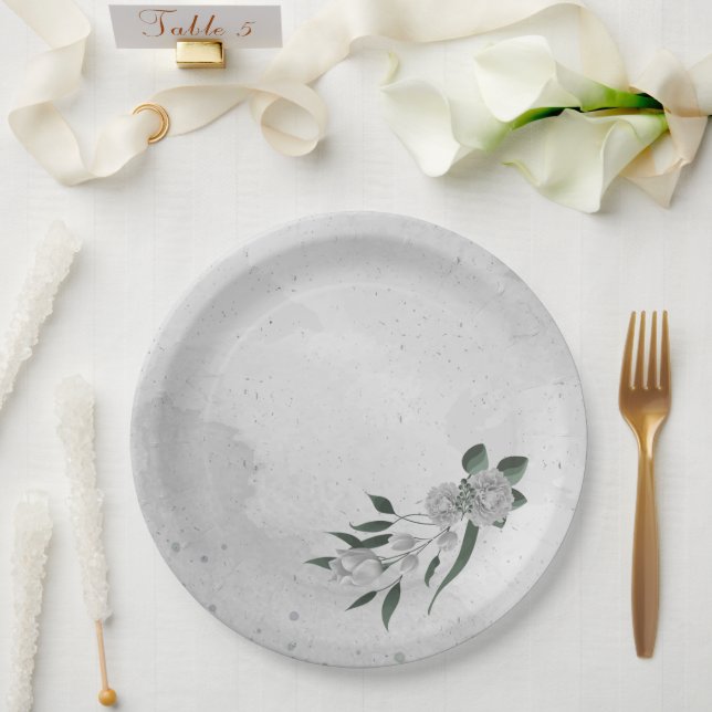 romantic white flowers & green leaves  paper plates (Wedding)