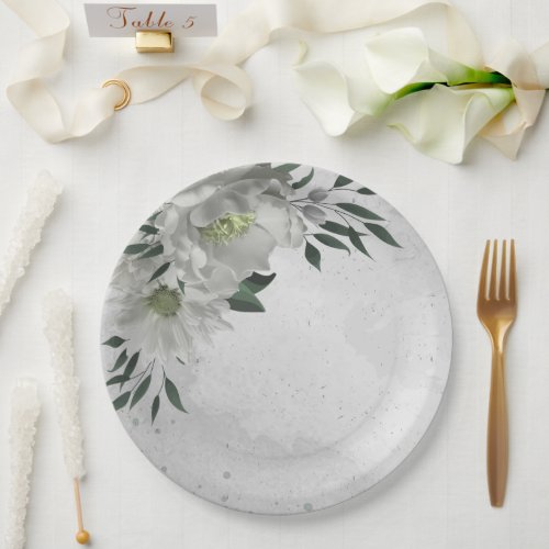 romantic white flowers  green leaves  paper plates