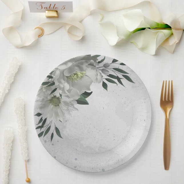 romantic white flowers & green leaves  paper plates (Wedding)