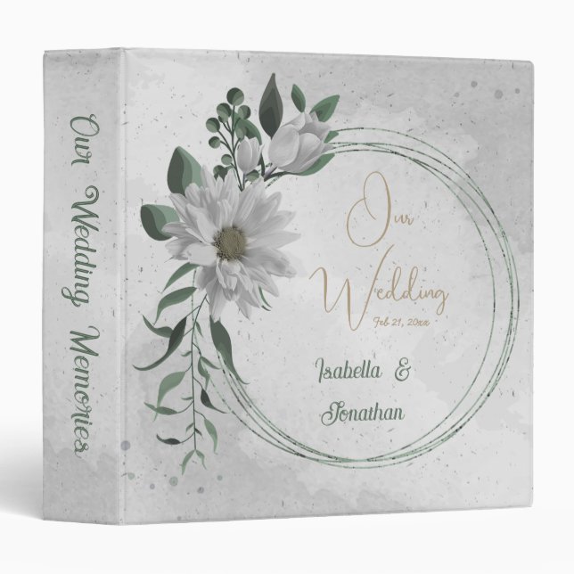 romantic white flowers & green leaves photo album 3 ring binder (Front/Spine)