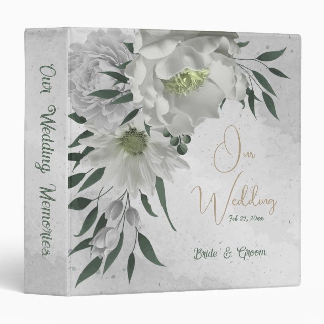 romantic white flowers & green leaves photo album 3 ring binder (Front/Spine)