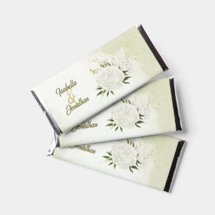 romantic white flowers green leaves wedding hershey bar favors
