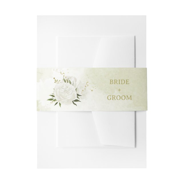 romantic white flowers green leaves wedding invitation belly band (Front Example)