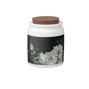 romantic white flowers greenery black candy jar