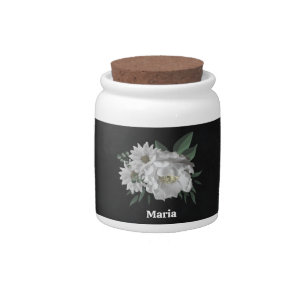 romantic white flowers greenery black candy jar