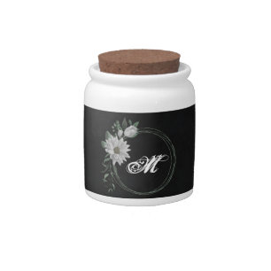 romantic white flowers greenery black candy jar