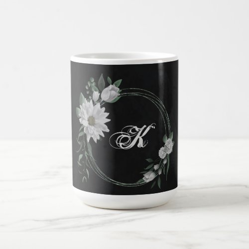 romantic white flowers greenery black coffee mug