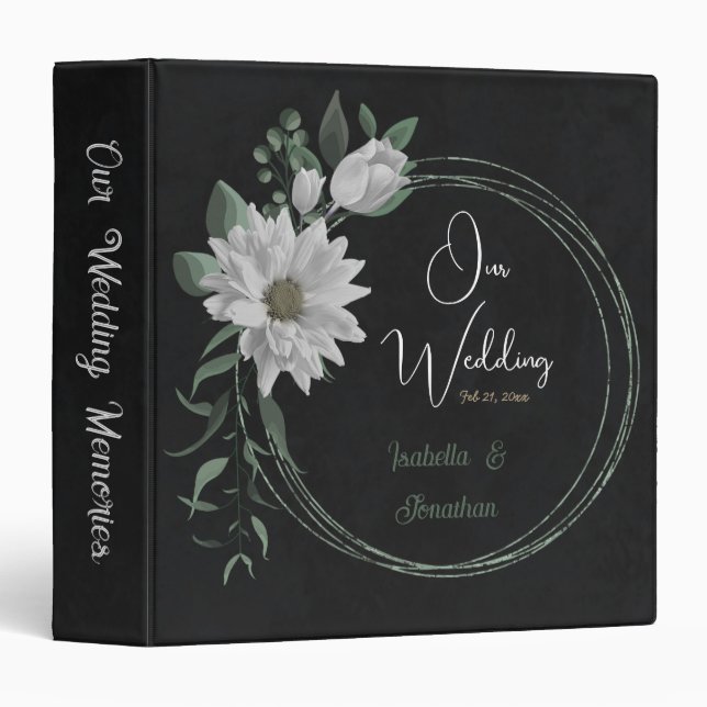 romantic white flowers greenery black photo album 3 ring binder (Front/Spine)