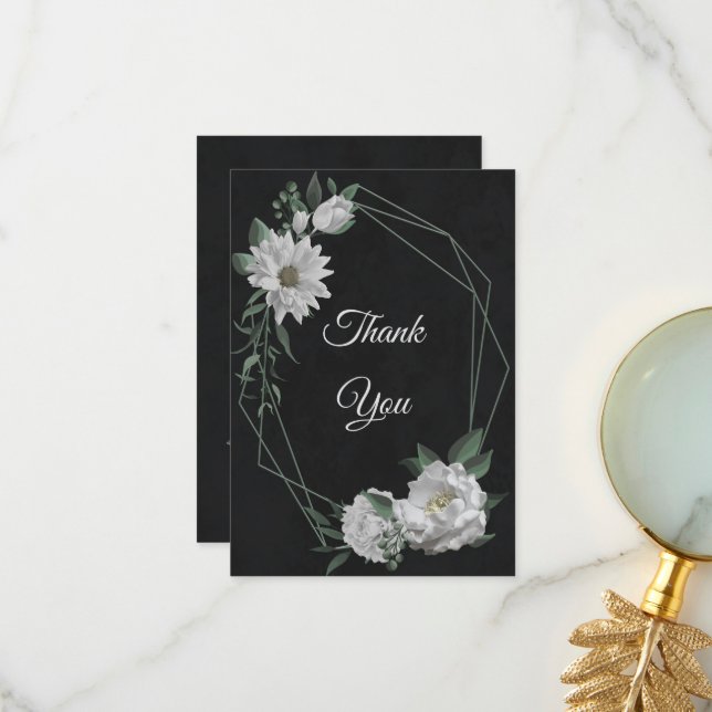 romantic white flowers greenery black thank you card (Front/Back In Situ)