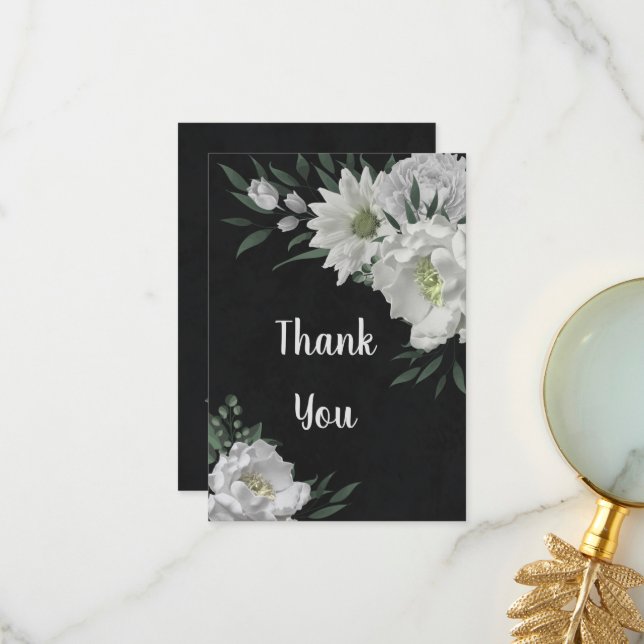 romantic white flowers greenery black thank you card (Front/Back In Situ)