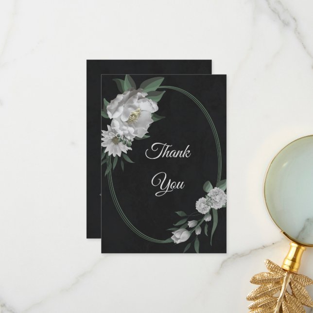 romantic white flowers greenery black thank you card (Front/Back In Situ)